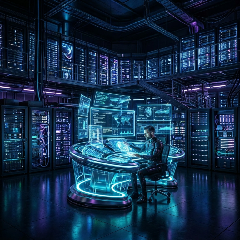 Person interacting with holographic computer interfaces in futuristic server room