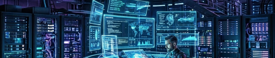 Person interacting with holographic computer interfaces in futuristic server room