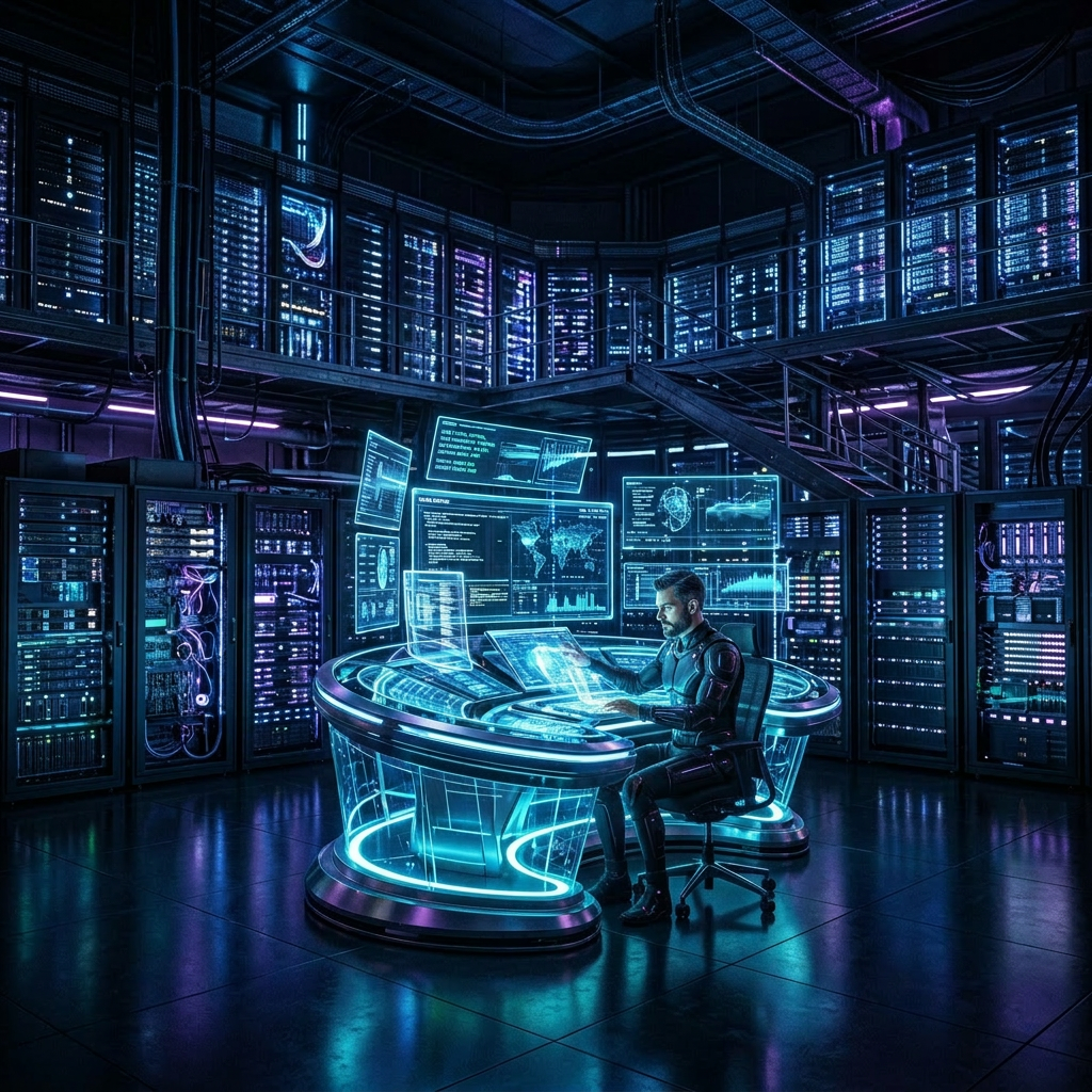 Person interacting with holographic computer interfaces in futuristic server room
